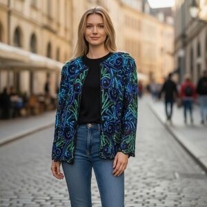 Vintage Black Silk Jacket with Hand Embellished Blue & Green Beads/Sequins | Pea